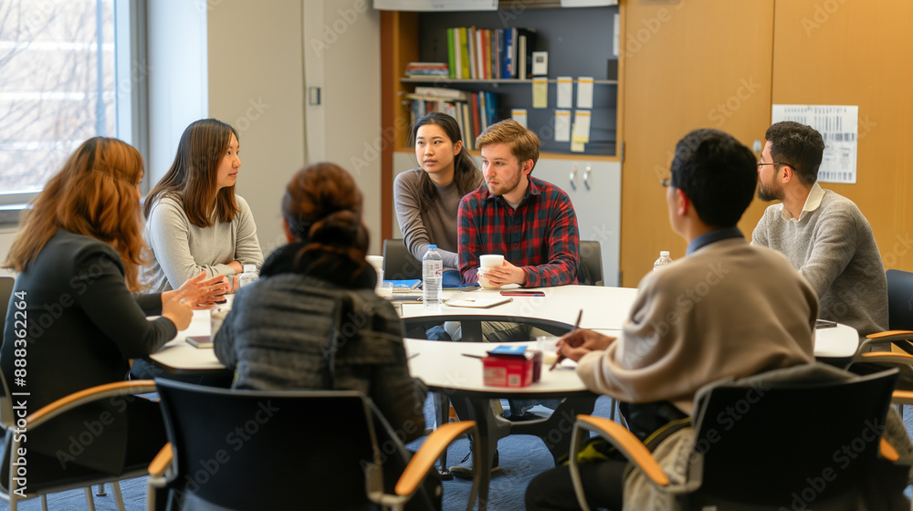 Small breakout groups discussing specific topics from the lecture, focused and collaborative, upper third copy space Small breakout groups discussing specific topics from the lecture, focused and collaborative, upper third copy space