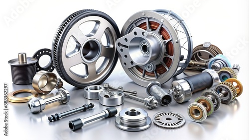 Car parts. Set of new metal car part. Auto motor mechanic spare or automotive piece isolated on white background. Technology of mechanical gear