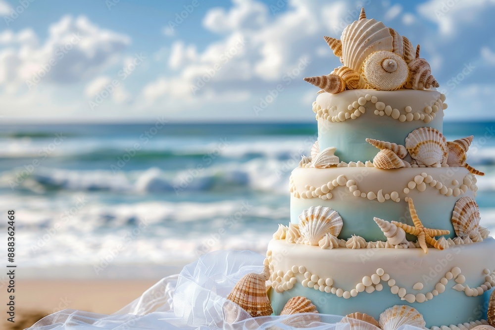 Nautical-themed wedding cake adorned with seashells and maritime elements, positioned against a serene beach and ocean background Nautical-themed wedding cake adorned with seashells and maritime elements, positioned against a serene beach and ocean background