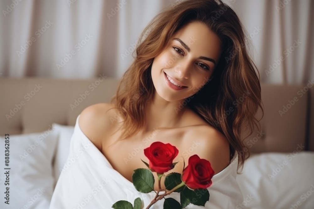 Radiant young woman lying in bed, holding red roses and smiling, exuding warmth and romance. Beautiful Woman with Roses Smiling in Bed