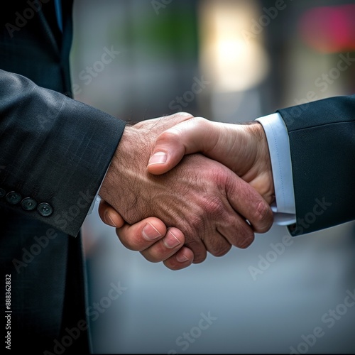 Business handshake between professionals in suits symbolizing partnership and success photo