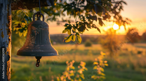 Close-up of an old farm bell with a soft focus farm landscape in the background