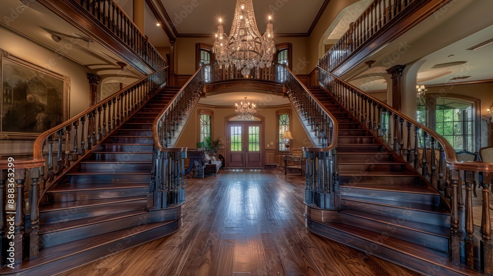 suburban farmhouse foyer with a grand wooden staircase, ornate banisters, and a large chandelier hanging overhead suburban farmhouse foyer with a grand wooden staircase, ornate banisters, and a large chandelier hanging overhead