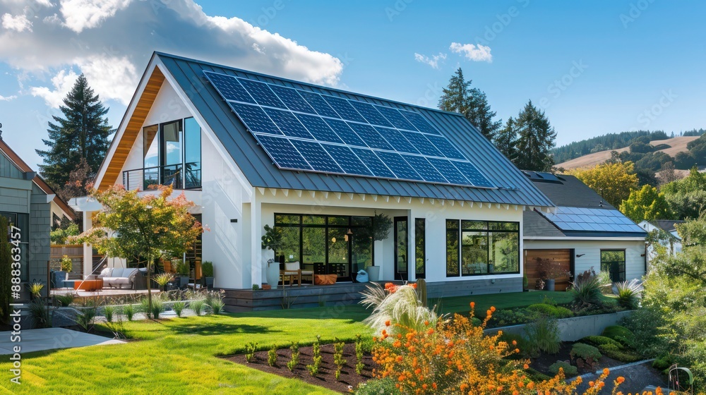 modern suburban farmhouse with a solar panel roof and environmentally friendly design elements, nestled in a vibrant green landscape modern suburban farmhouse with a solar panel roof and environmentally friendly design elements, nestled in a vibrant green landscape