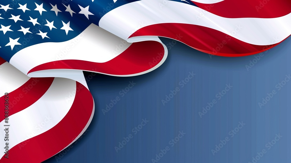 An illustration of the American flag with its stars and stripes waving against a blue background, representing patriotism, national pride, and American values. An illustration of the American flag with its stars and stripes waving against a blue background, representing patriotism, national pride, and American values.