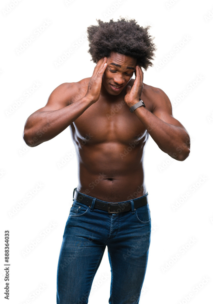 Fototapeta premium Afro american shirtless man showing nude body over isolated background with hand on head for pain in head because stress. Suffering migraine.