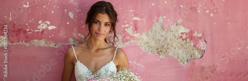 Bride Posing Against Pink Wall With White Flowers