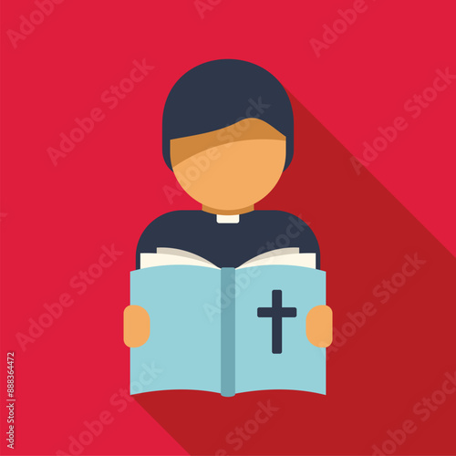 Minimalist flat design icon of a priest reading a blue holy bible with a cross on it
