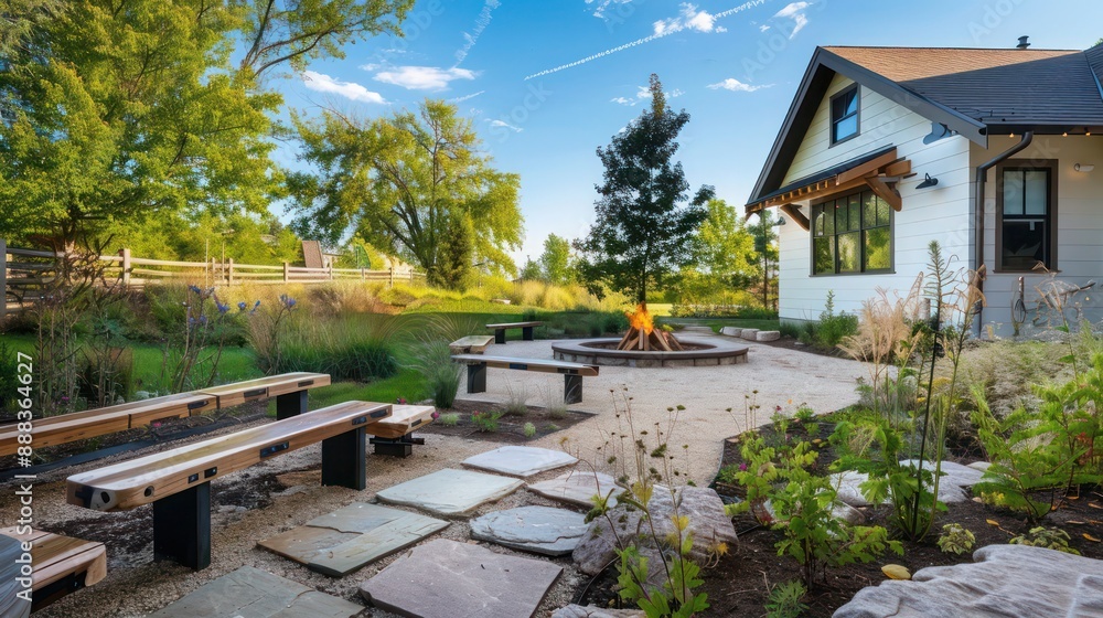 suburban farmhouse featuring a rustic stone pathway leading to a secluded fire pit area surrounded by wooden benches and native plantings