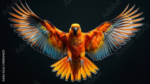 Orange And Blue Parrot With Wings Spread Wide In Flight