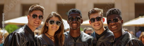 Five Graduates Smiling in Black Graduation Robes and Sunglasses on a Sunny Day