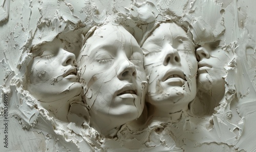 Delicately sculpted plaster figures emerge from the wall, their forms dissolving into abstraction