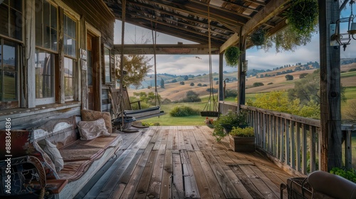 rustic suburban farmhouse with a spacious back porch, complete with an old-fashioned porch swing and views of the rolling hills