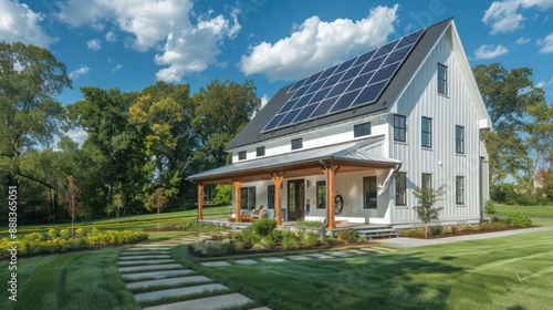 suburban farmhouse with a modern, eco-friendly twist, featuring solar panels, a green roof, and a rainwater collection system