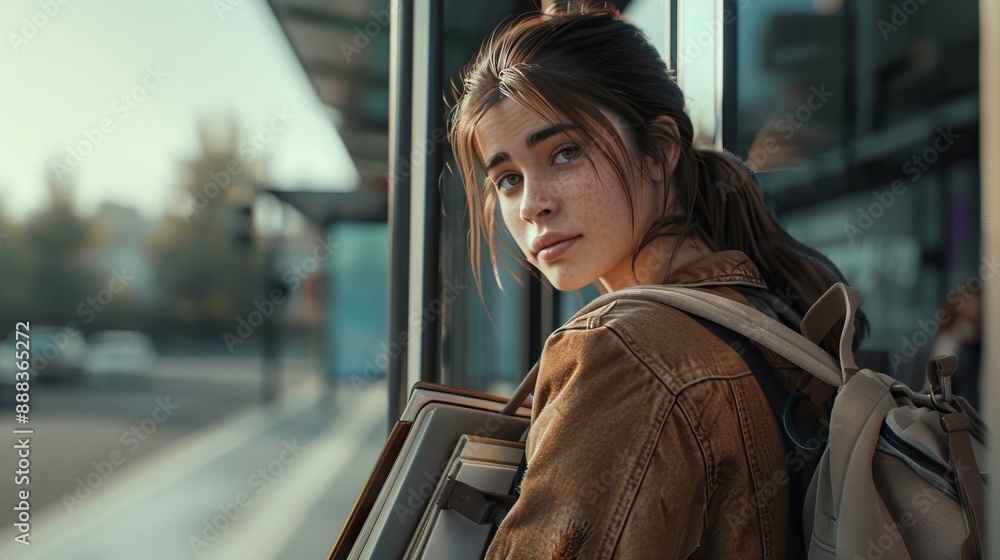 Portrait of a young woman with books and backpack at a bus stop. Portrait of a young woman with books and backpack at a bus stop.