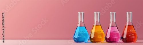 Four Glass Flasks With Colorful Liquids on Pink Background
