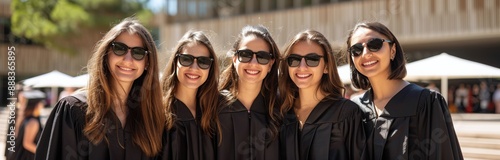Five Graduates Smiling in Black Graduation Robes and Sunglasses on a Sunny Day