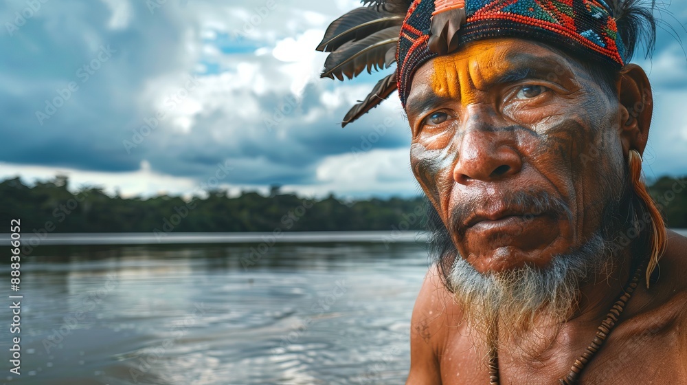 Tikuna man in front of amazon river Tikuna man in front of amazon river