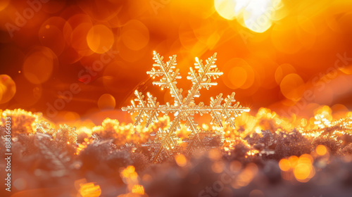 Close-up of a single snowflake against a warming orange backdrop, symbolizing climate-induced changes in winter patterns