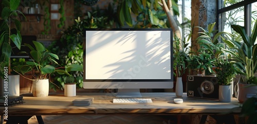 Modern Home Office Desk With Desktop Computer and Plants in Natural Light