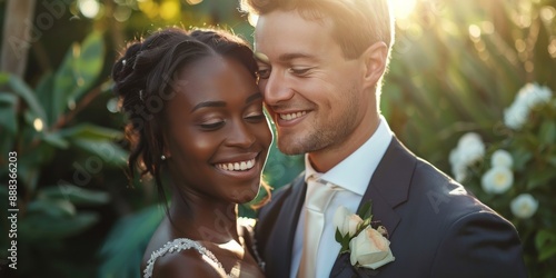 Wedding Couple Embracing in a Garden Setting