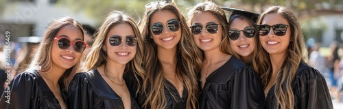 Five Graduates Smiling in Black Graduation Robes and Sunglasses on a Sunny Day