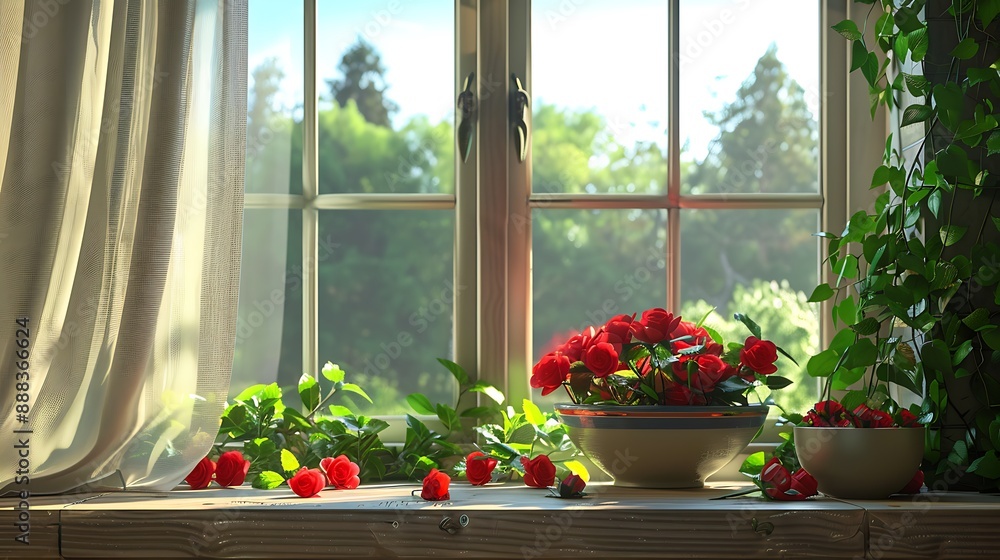 A lawn green cloth window in the living room with red roses and bowl of stawberies A lawn green cloth window in the living room with red roses and bowl of stawberies