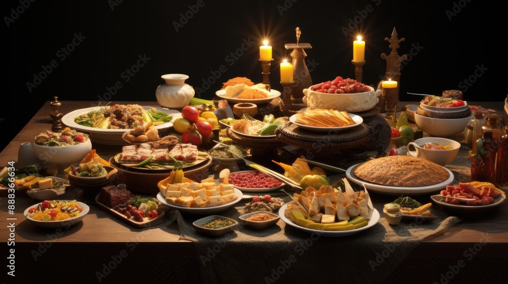 Lavish candlelit banquet spread, 3D family table with various types of traditional Ramadan meals Lavish candlelit banquet spread, 3D family table with various types of traditional Ramadan meals