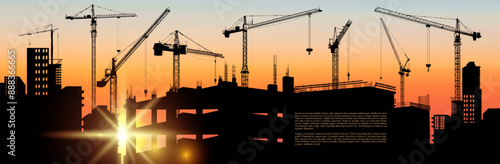 Vector with house building at orange sunset. Construction site with a tower cranes. Construction of business centers, shopping centers, residential buildings. Panoramic view of the construction site.