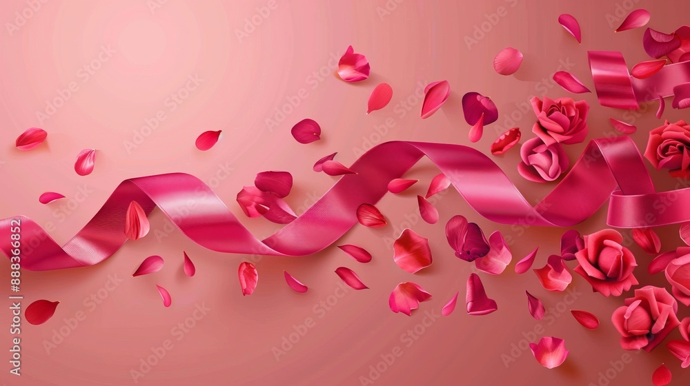 Obraz premium A flowing pink ribbon intertwined with rose petals spread artistically on a pastel gradient background, producing a soft, elegant, and romantic visual appeal.
