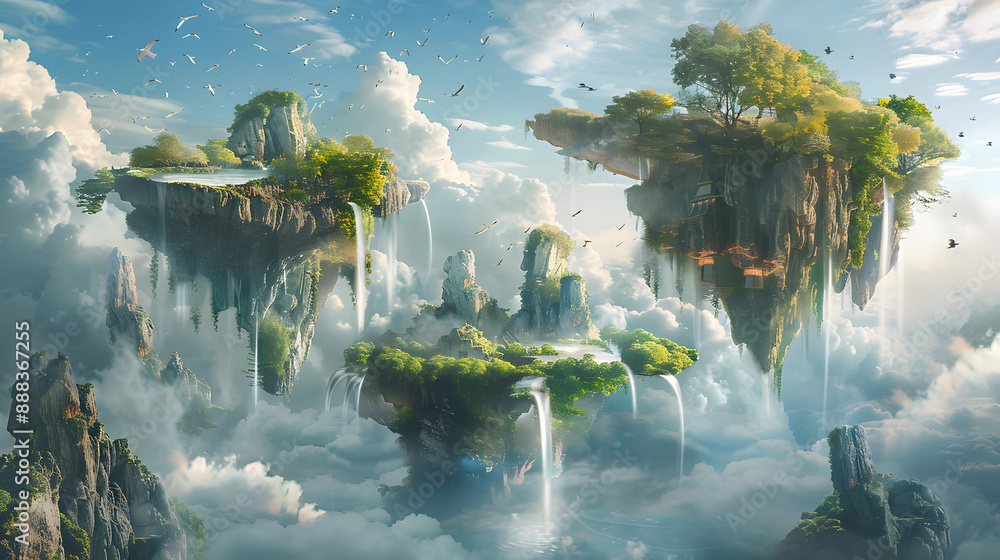 Floating islands with lush greenery and cascading waterfalls in surreal ...