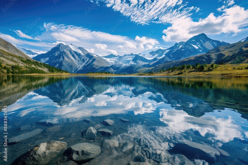 Naklejka premium Majestic mountains, serene lake, clear reflection., crystal clear reflection of mountains on quiet lake