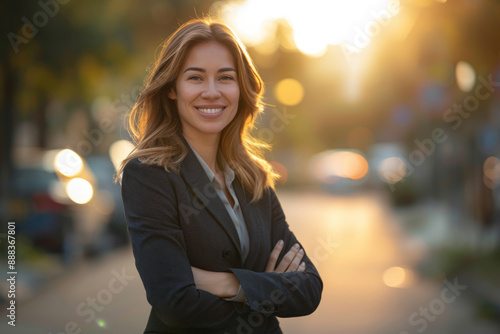Portrait of a young happy pretty smiling professional business woman, happy confident positive female entrepreneur standing outdoor on street arms crossed, looking at camera