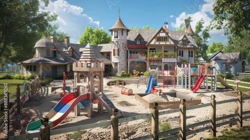 suburban farmhouse with an elaborate childrena??s play area, including a custom-built castle, slides, and a sandbox, set within a secure fenced yard