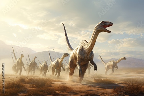 Agile, ferocious-looking dinosaurs running, group of Gallimimus sprinting across vast plain