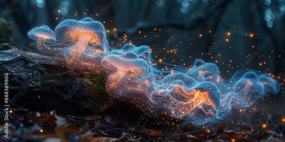Fungus spores burst from a decaying log, creating a mesmerizing cloud of bioluminescent light Fungus spores burst from a decaying log, creating a mesmerizing cloud of bioluminescent light