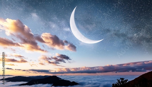 the image is a beautiful night sky with a crescent moon the moon is surrounded by twinkling stars and there are clouds in the background