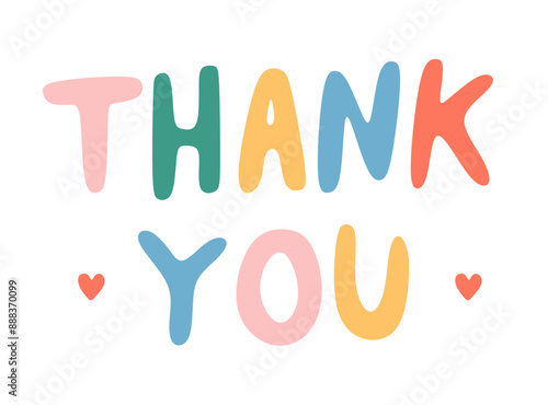Hand drawn Thank You lettering in colorful flat childish style. Thank you card isolated on white background. Happy joyful colorful inscription for Kids children. Colored flat vector illustration