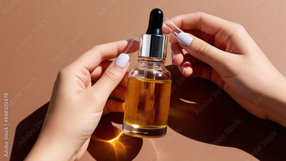 Close up of glass bottle with dropper lid mockup in female hands, cosmetic product,brown background Close up of glass bottle with dropper lid mockup in female hands, cosmetic product,brown background