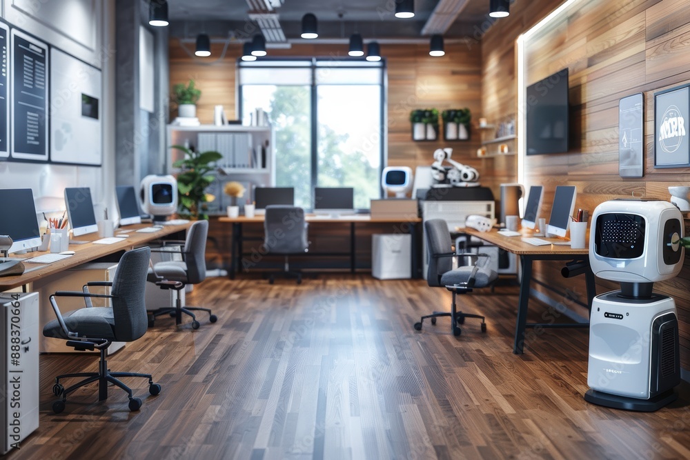 Modern open space office with robots working Modern open space office with robots working
