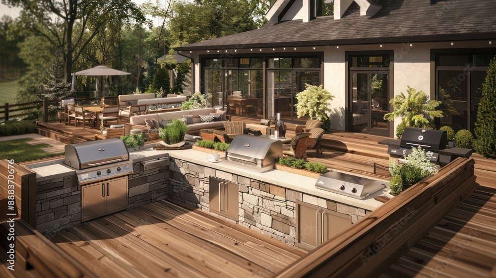 suburban farmhouse with a large back deck featuring a luxury outdoor kitchen, complete with a built-in BBQ, refrigerator, and stone countertops suburban farmhouse with a large back deck featuring a luxury outdoor kitchen, complete with a built-in BBQ, refrigerator, and stone countertops