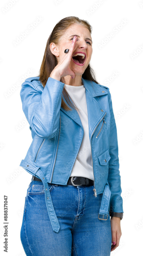 Beautiful middle age mature woman wearing fashion leather jacket over isolated background shouting and screaming loud to side with hand on mouth. Communication concept. Beautiful middle age mature woman wearing fashion leather jacket over isolated background shouting and screaming loud to side with hand on mouth. Communication concept.