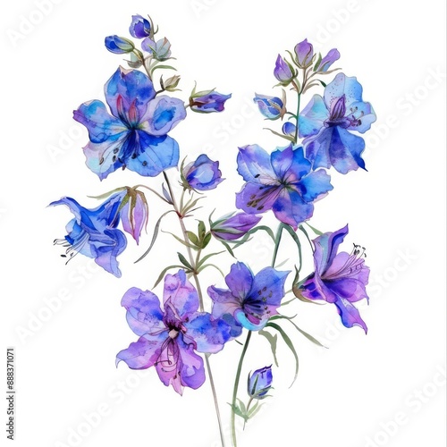 a chibi larkspur, watercolor painting, charming purple, isolated on white background
