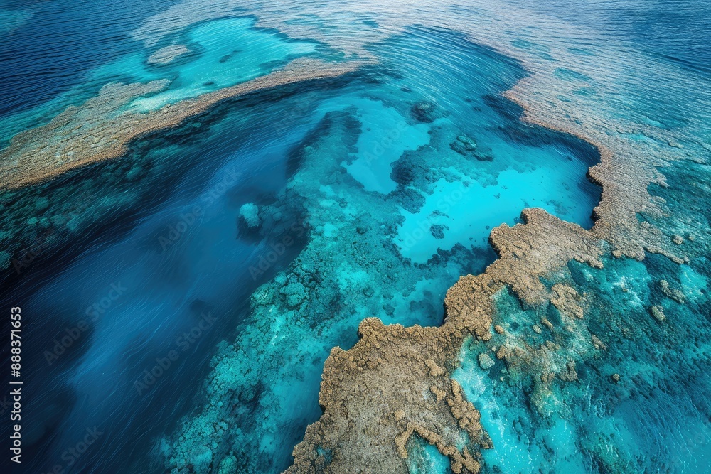 Vibrant coral reef, crystal clear waters, aerial view of the Great Barrier Reef Vibrant coral reef, crystal clear waters, aerial view of the Great Barrier Reef