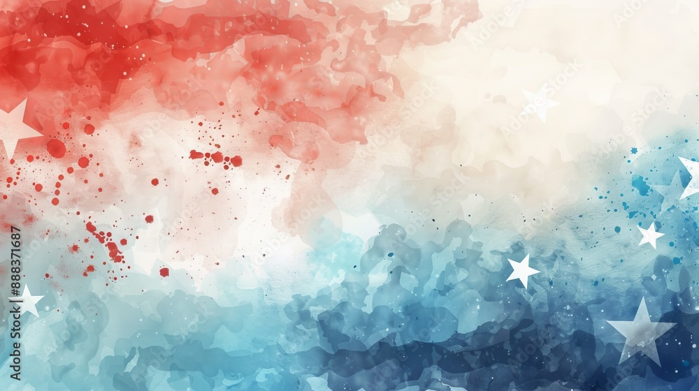Obraz premium This image features a vivid watercolor splash blending red and blue hues with white stars, creating a dynamic and patriotic abstract composition on canvas.