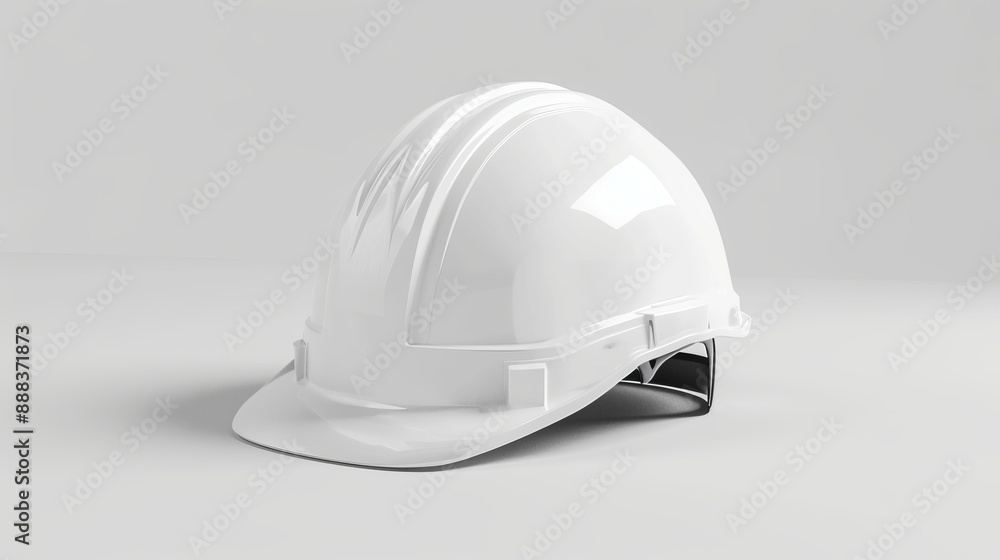 A different angle displays a white hard hat seated on a gray base, suitable for showcasing construction or safety equipment in industrial stock images.