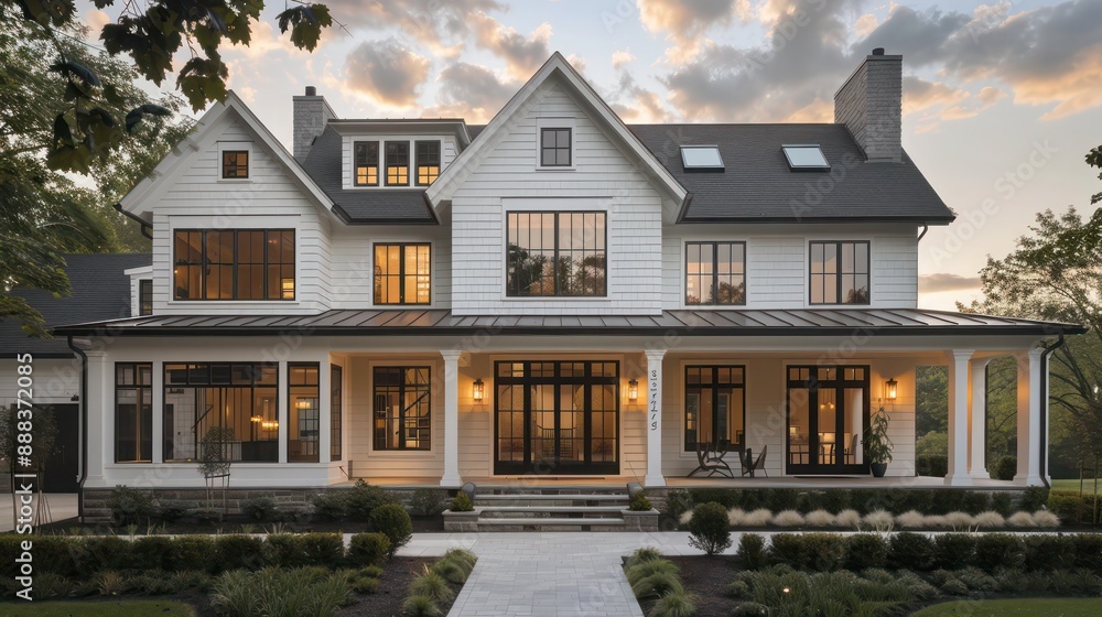 suburban farmhouse with a sophisticated exterior, featuring symmetrical design, clean lines, and a neutral color palette suburban farmhouse with a sophisticated exterior, featuring symmetrical design, clean lines, and a neutral color palette