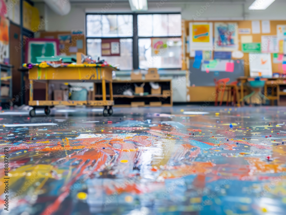 Fototapeta premium A blurred art classroom, splashes of color barely distinguishable, hinting at creativity and chaos