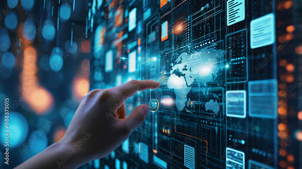 Hand touch on screen technology and innovation information data.Digital communication transformation Hand touch on screen technology and innovation information data.Digital communication transformation