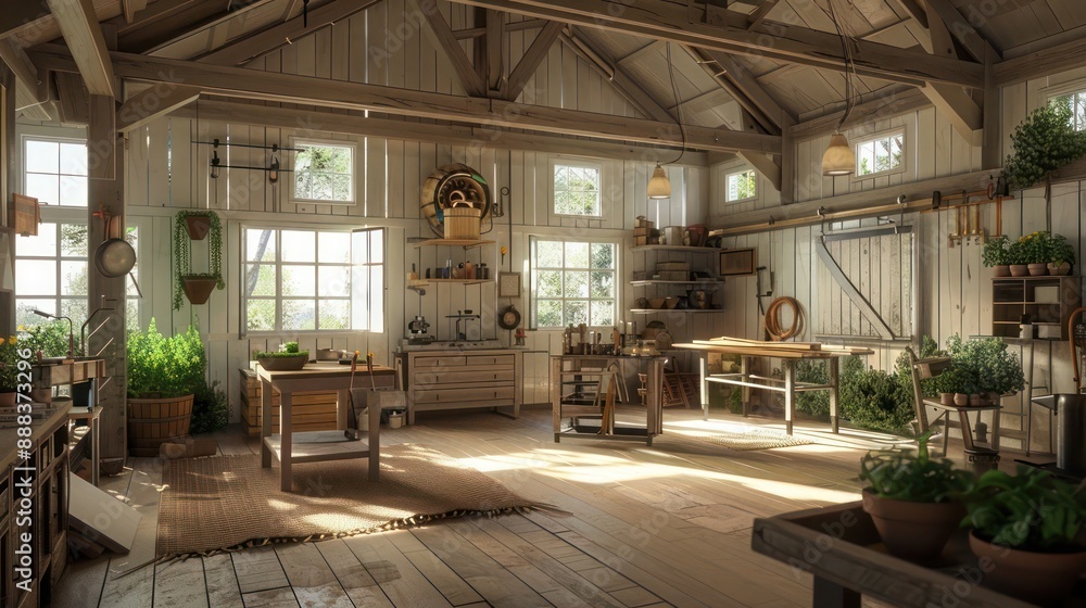 suburban farmhouse with a large barn converted into a workshop, featuring woodworking tools, a potting bench, and rustic d?(C)cor suburban farmhouse with a large barn converted into a workshop, featuring woodworking tools, a potting bench, and rustic d?(C)cor